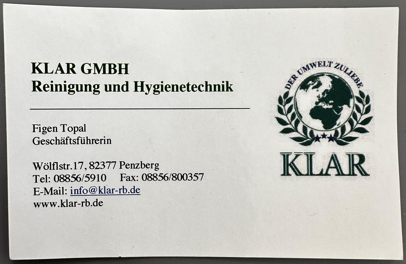 Visitenkarte 1999 – KLAR GmbH, Figen Topal
